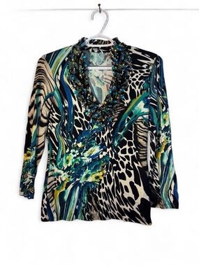 Vintage Cache Beaded V-Neck Floral & Animal Print Top - Teal Black Cream